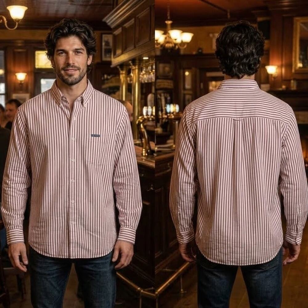 Chaps Red White Striped Long Sleeve Button Down Pocket Shirt Men's Large 42-44
